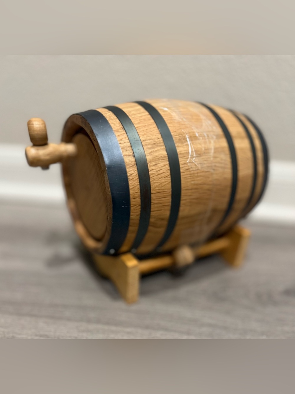 Miniature Oak Whiskey or Wine Barrel On Stand. Metal Rings. 8.1” Decorative